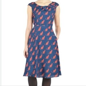 eShakti Navy and Coral Cat Print Midi Dress